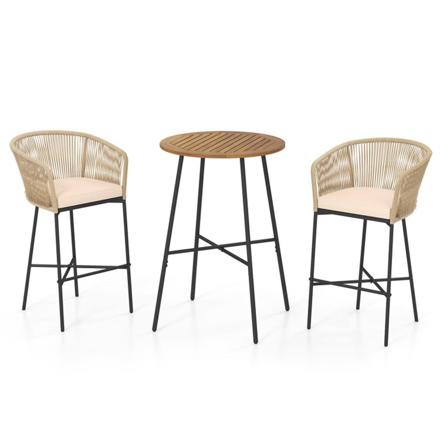Left. Pefilos - 3 Pieces Rope Woven Backyard Patio Bar Set with Soft Cushions and Acacia Wood Tabletop, Outdoor Bistro Sets Accent - Beige.