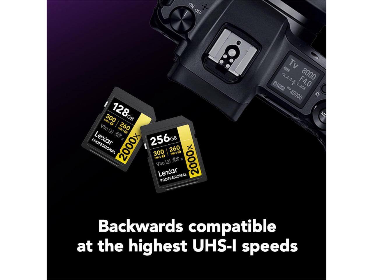 ON OFF  
128 GB  
300 MB/s  
2600x  
V90  
Lexar PROFESSIONAL  

256 GB  
300 MB/s  
2600x  
V90  
Lexar PROFESSIONAL  

TV 8000  
F4.0  
ISO 40000  

Backwards compatible at the highest UHS-I speeds