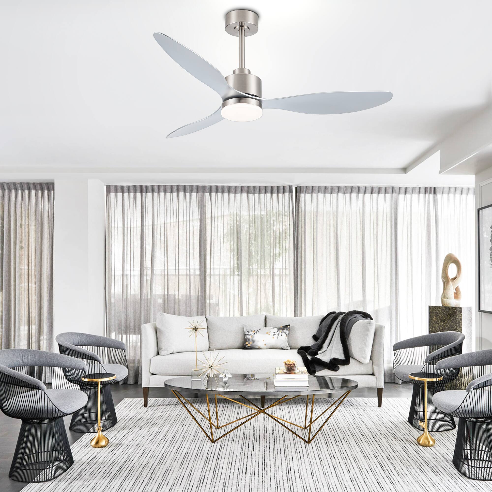 Alt View 1. Breezary - 52" Indoor Ceiling Fan, 3 ABS Blades, 6-Speed DC Motor, Remote Control, Memory/Timer, 3-Color LED Light, 5"/10" Downrods - Brushed Nickel and Silver.