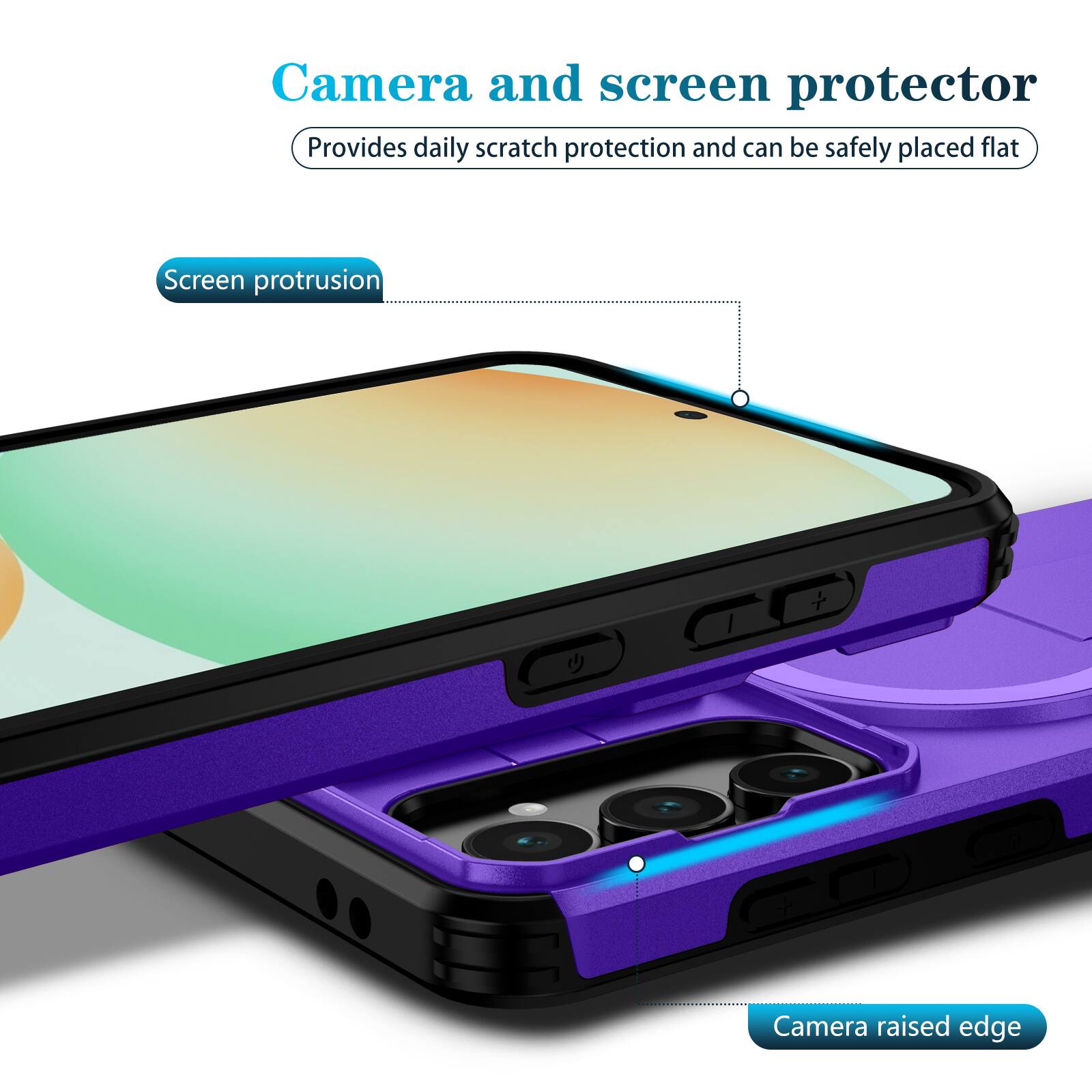 Camera and screen protector  
Provides daily scratch protection and can be safely placed flat  
Screen protrusion  
Camera raised edge
