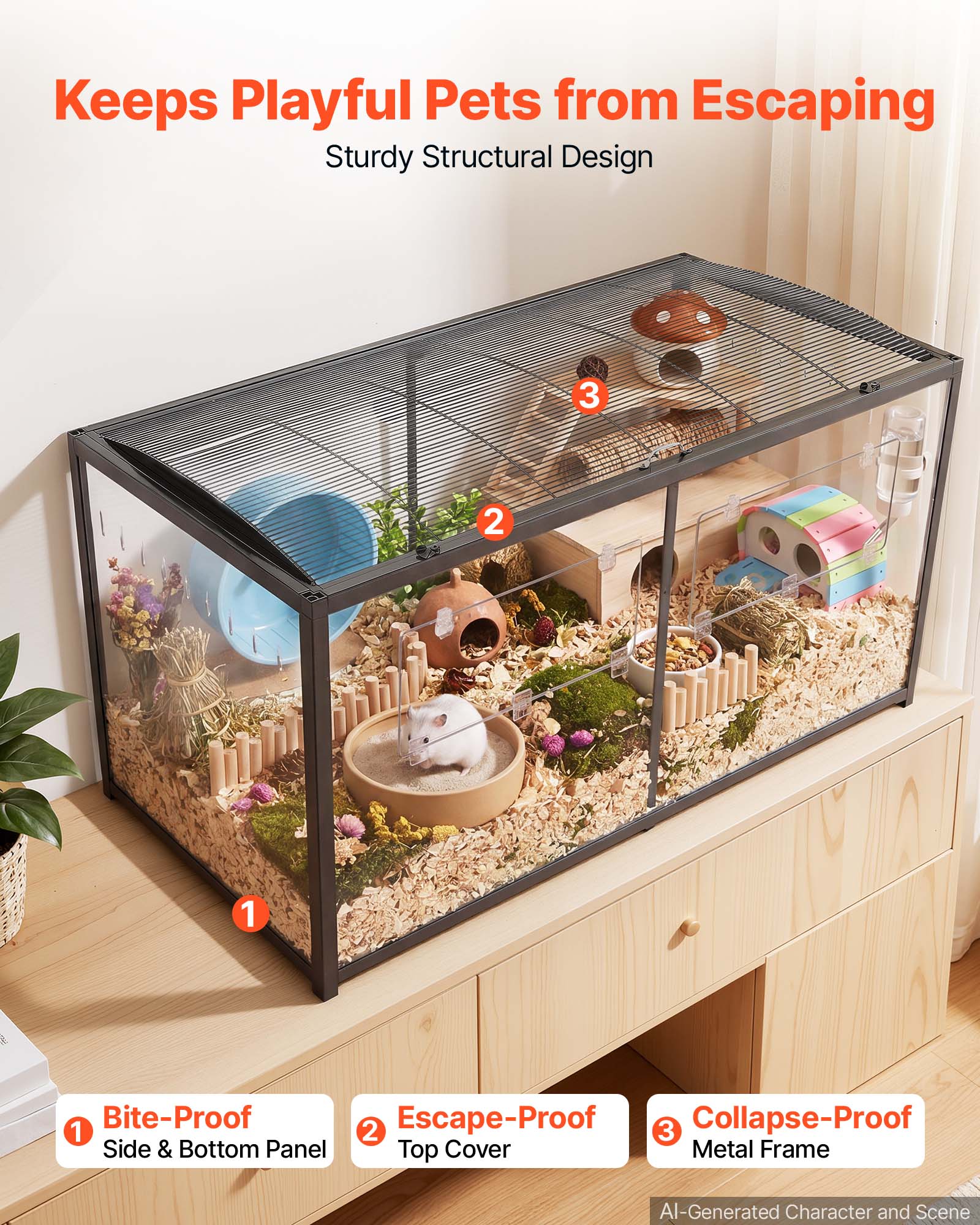 Keeps Playful Pets from Escaping  
Sturdy Structural Design  

1. Bite-Proof Side & Bottom Panel  
2. Escape-Proof Top Cover  
3. Collapse-Proof Metal Frame  

AI-Generated Character and Scene