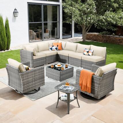 Front. Ovios - 10 PCS Patio Furniture Wicker Sofa with Swivel Chair, Coffee Table and Side Table for Garden - Beige.