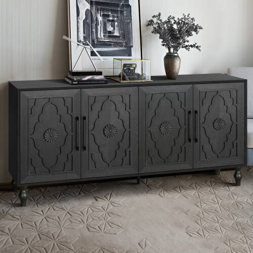 Left. LUCKY ONE - Freestanding Large Storage Cabinet with Carved Flower Door Metal Handle for Living Room Kitchen Entryway - Black.