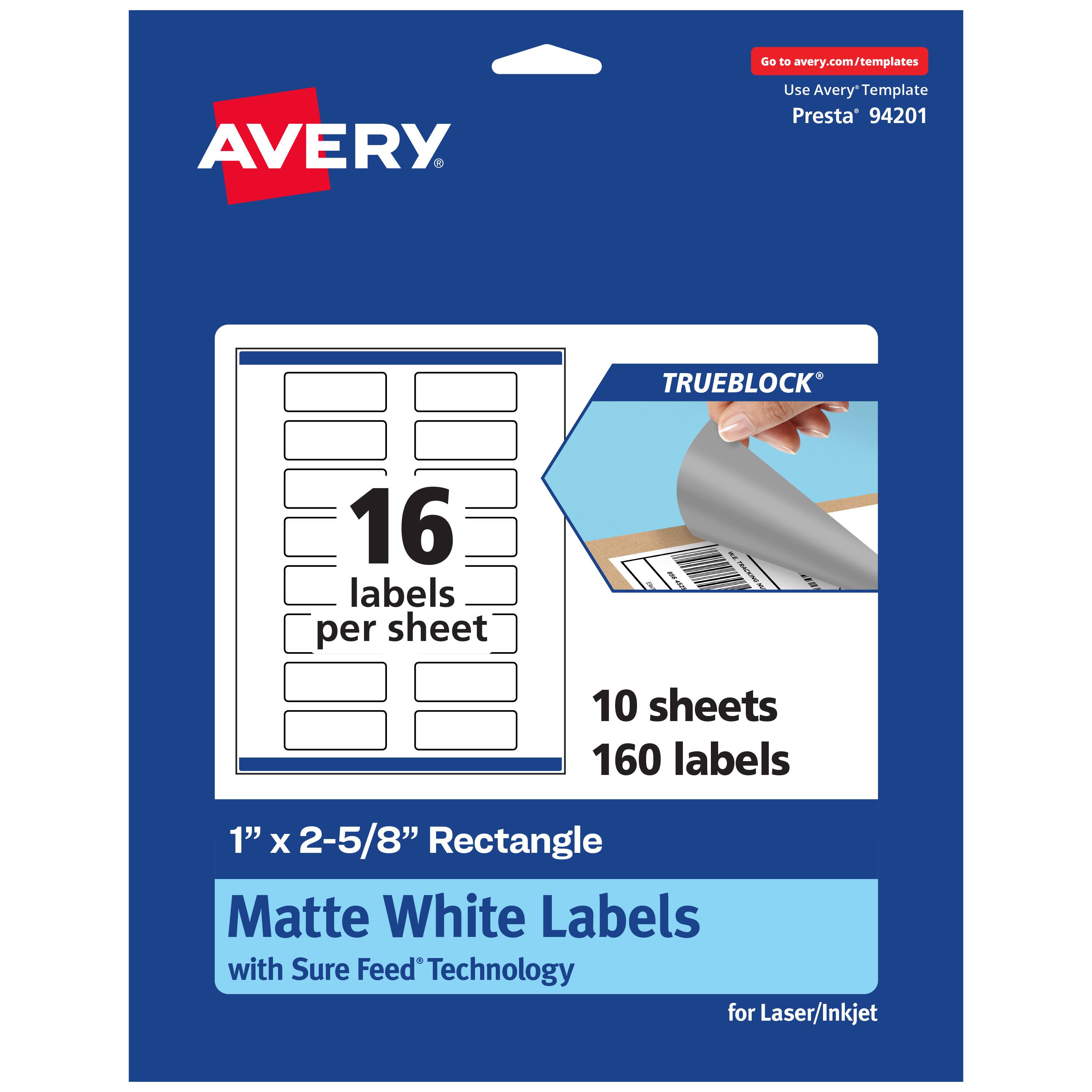 Go to avery.com/templates  
AVERY  
Use Avery Template Presta® 94201  
TRUEBLOCK®  
16 labels per sheet  
10 sheets 160 labels  
1" x 2-5/8" Rectangle  
Matte White Labels with Sure Feed® Technology for Laser/Inkjet
