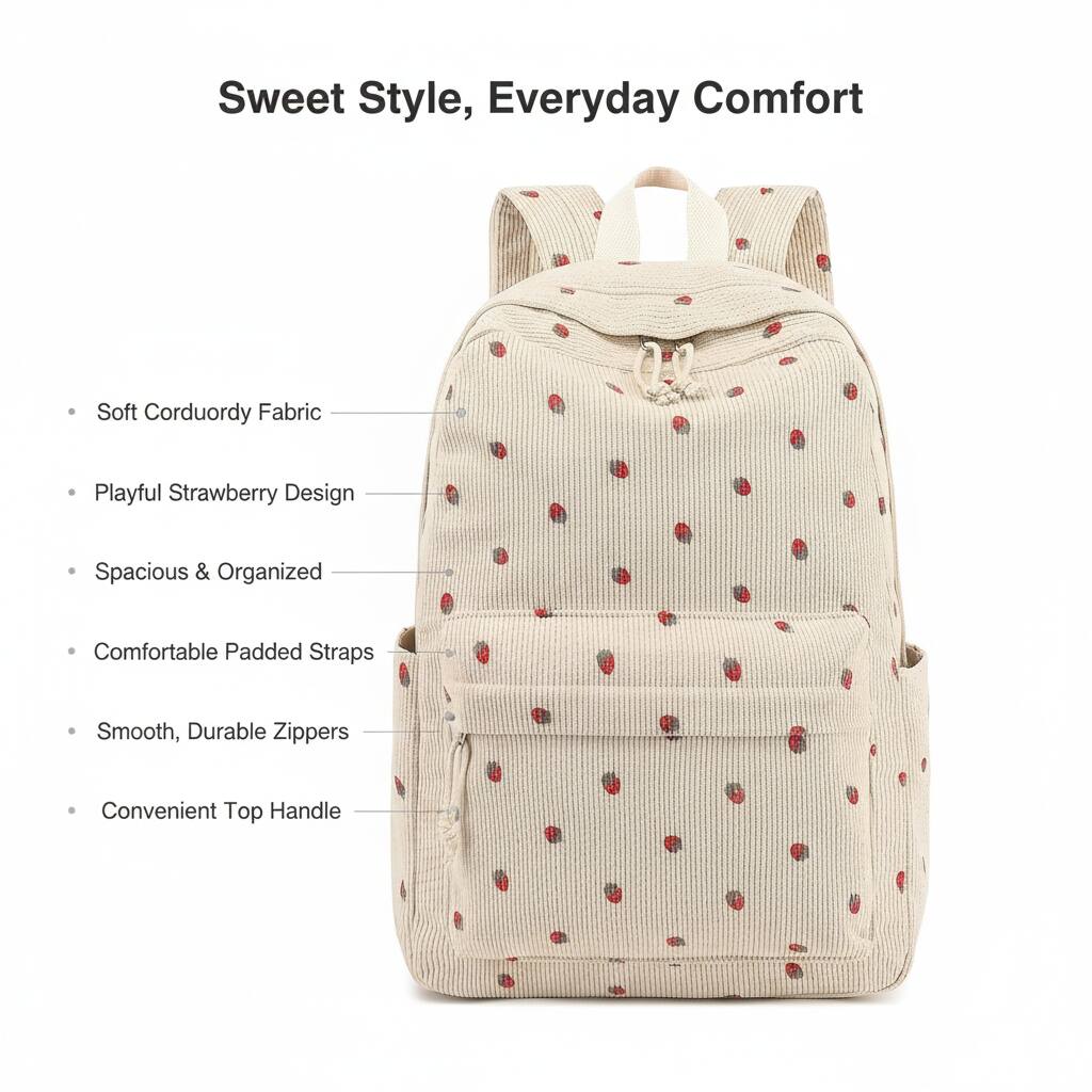 Sweet Style, Everyday Comfort

- Soft Corduoroy Fabric
- Playful Strawberry Design
- Spacious & Organized
- Comfortable Padded Straps
- Smooth, Durable Zippers
- Convenient Top Handle