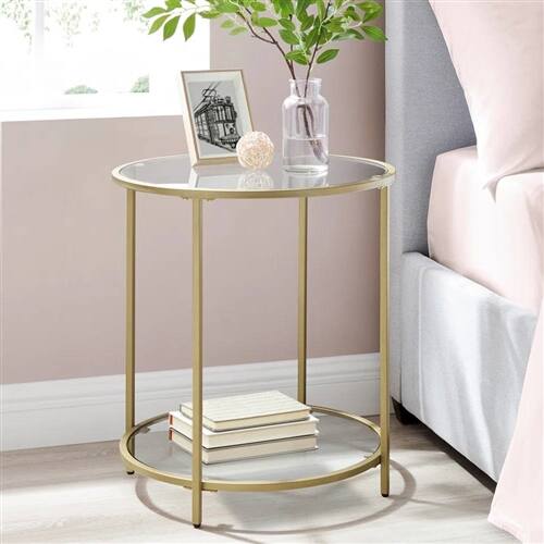 Alt View 1. SlickBlue - Modern Round Metal End Table with Glass Top and Bottom Shelf - Gold, Clear.