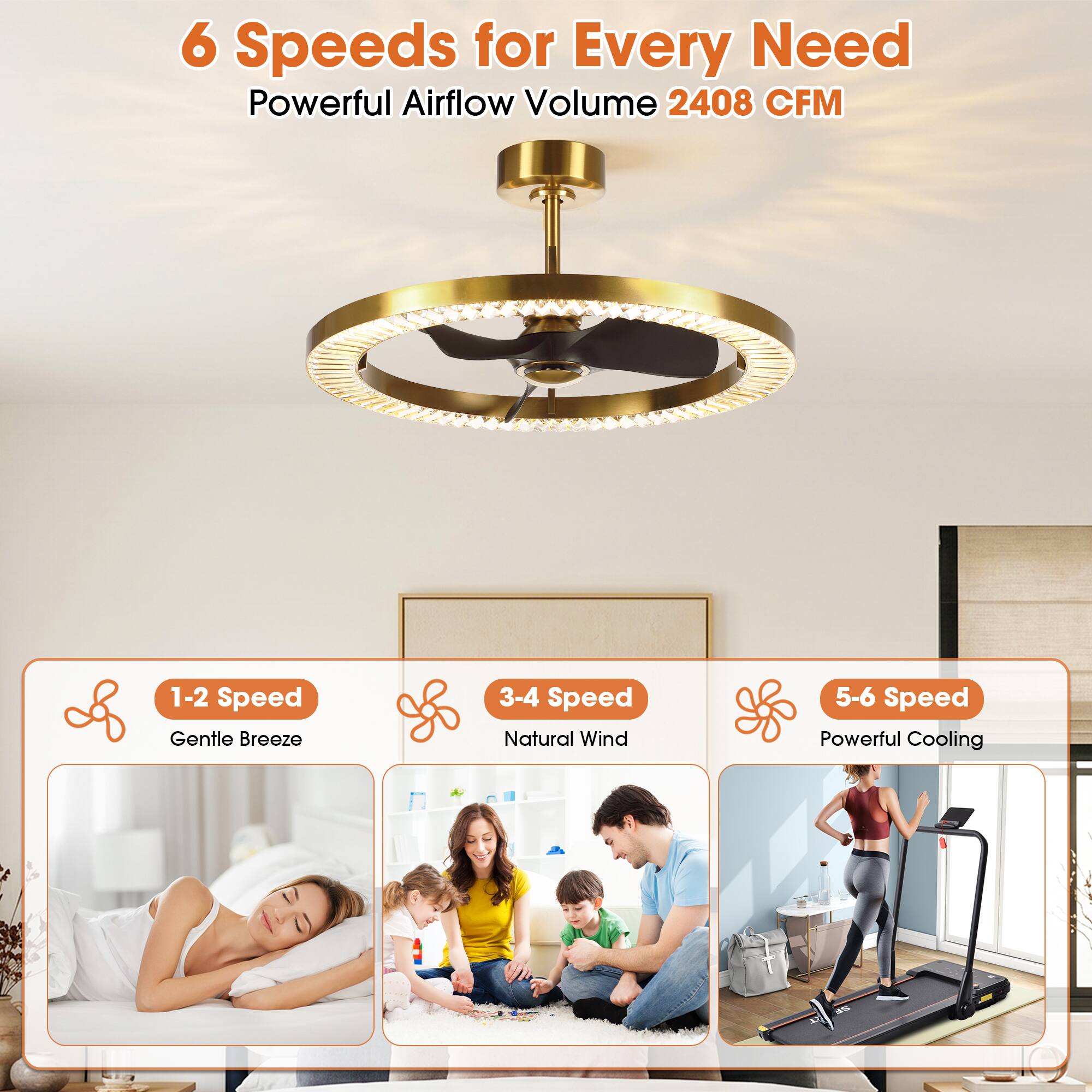6 Speeds for Every Need  
Powerful Airflow Volume 2408 CFM

1-2 Speed  
Gentle Breeze

3-4 Speed  
Natural Wind

5-6 Speed  
Powerful Cooling