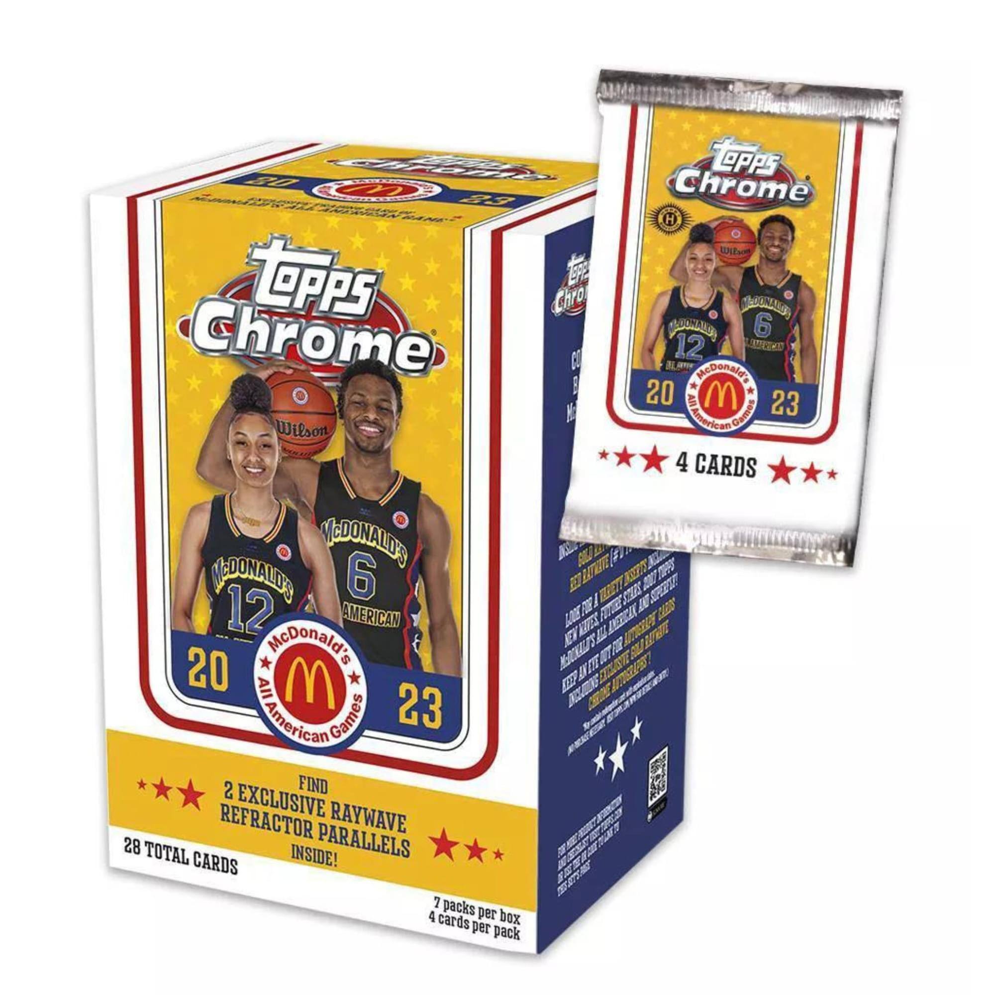 Sure, here is the corrected and grouped text from the image:

---

**Topps Chrome**

**McDonald's All-American Games**

**2023**

**4 CARDS**

**28 TOTAL CARDS**

**2 EXCLUSIVE RAYWAVE REFRACOR PARALLELS INSIDE!**

**7 packs per box**

**4 cards per pack**

**FIND EXCLUSIVE RAYWAVE REFRACOR PARALLELS INSIDE!**

**2023 McDonald's All-American Games**

**Wilson**

**McDonald's**

**All-American Games**

**2023**

**McDonald's**

**All-American Games**

**2023**

**McDonald's**

**All-American Games**

**2023**

**McDonald's**

**All-American Games**

**2023**

**McDonald's**

**All-American Games**

**2023**

**McDonald's**

**All-American Games**

**2023**

**McDonald's**

**All-American Games**

**2023**

**McDonald's**

**All-American Games**

**2023**

**McDonald's**

**All-American Games**

**2023**

**Mc