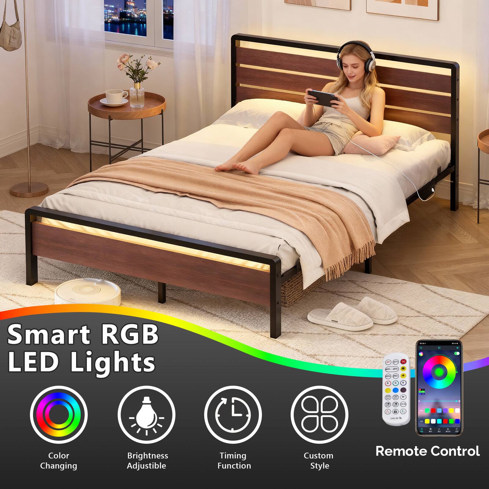 4 Smart RGB LED Lights - I a + : I - - - - - - - . - : Color Changing Brightness Adjustable Timing Function Custom Style Remote Control