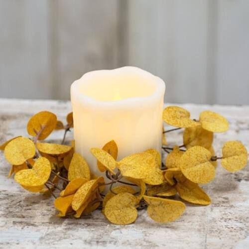 Angle. BreeBe - Penny Leaf Candle Ring Mustard 3.5" - Yellow.