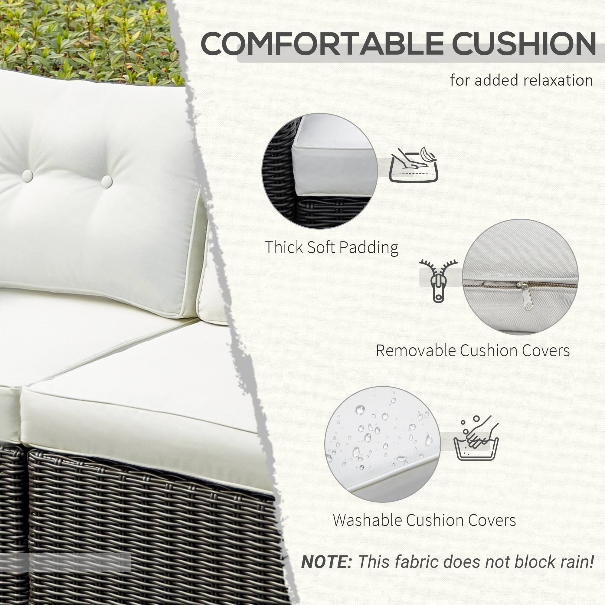 COMFORTABLE CUSHION for added relaxation
Thick Soft Padding
Removable Cushion Covers
Washable Cushion Covers
NOTE: This fabric does not block rain!
