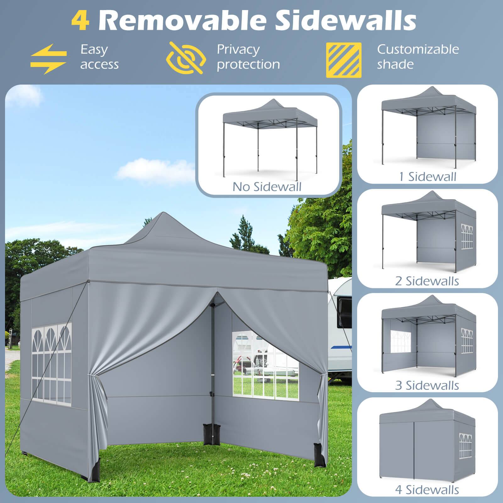 4 Removable Sidewalls

- Easy access
- Privacy protection
- Customizable shade

- No Sidewall
- 1 Sidewall
- 2 Sidewalls
- 3 Sidewalls
- 4 Sidewalls