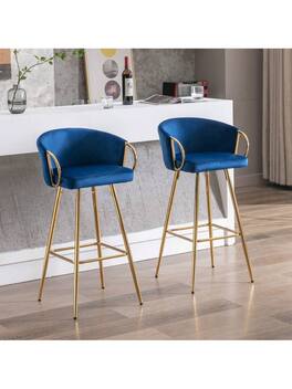 Trinkets Crazed - 26" Velvet Counter Stools Set Of 2, Luxury Bar Chair With Low Back and Gold Legs For Kitchen Island - Blue