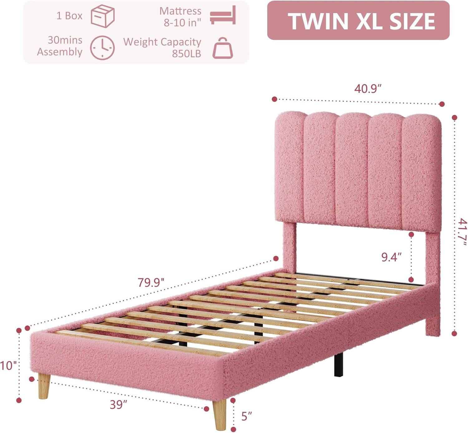 1 Box  
30mins Assembly  
Mattress 8-10 in"  
Weight Capacity 850LB  

TWIN XL SIZE  

40.9"  
79.9"  
39"  
10"  
5"  
41.7"  
9.4"