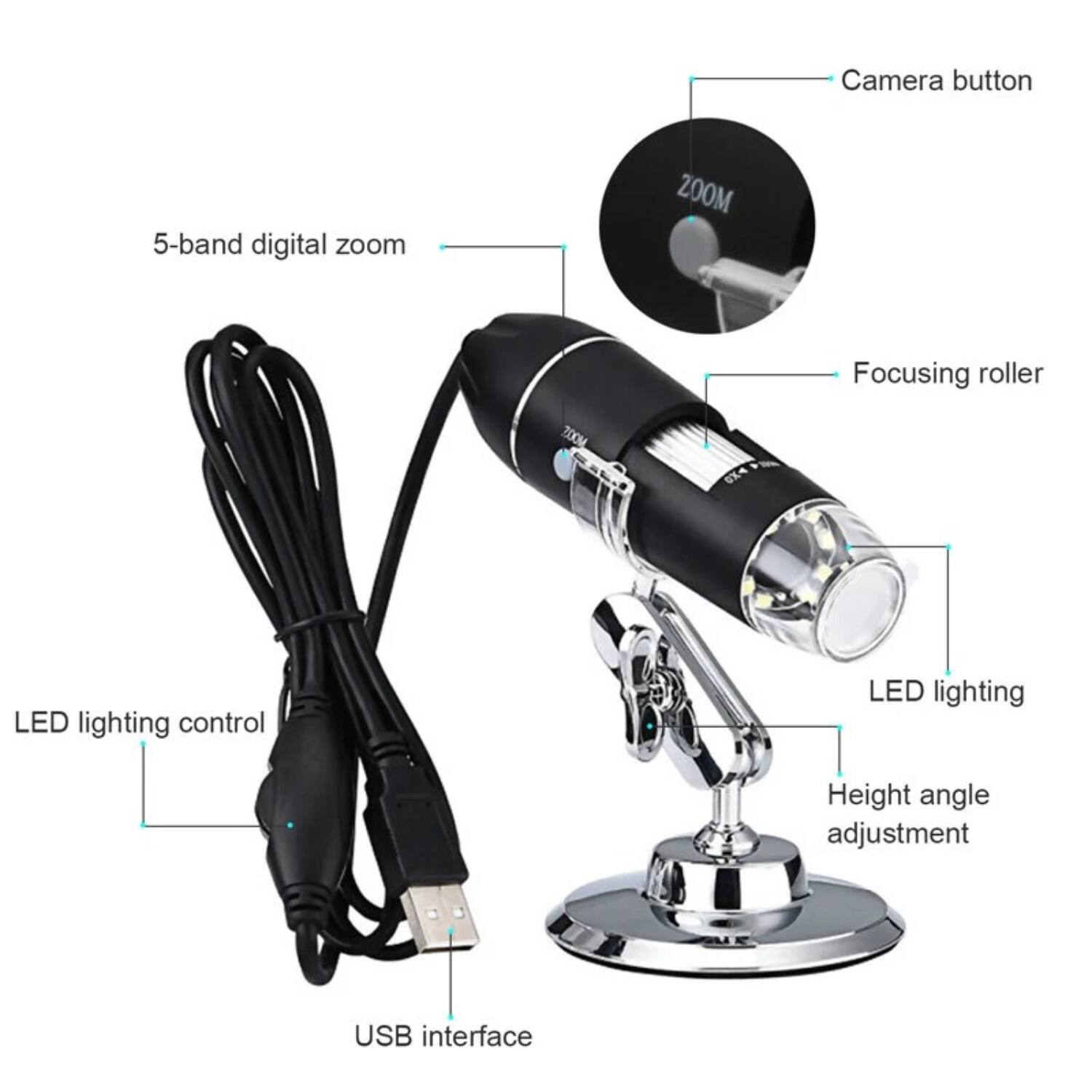 Camera button, 5-band digital zoom, Focusing roller, LED lighting control, LED lighting, Height angle adjustment, USB interface