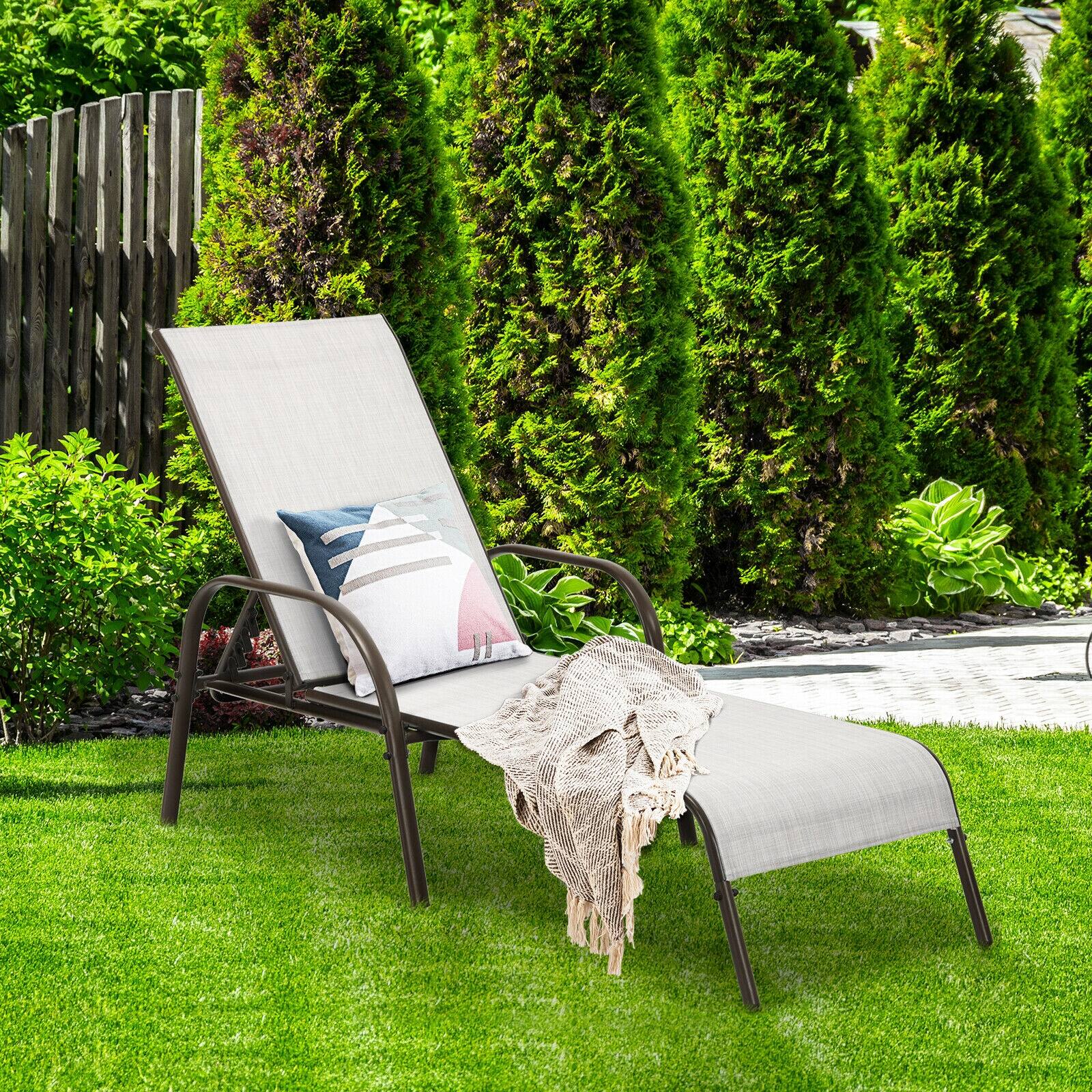 Angle. Mondawe - 2-Piece Fabric Chaise Lounge w/ Adjustable Reclining Armrest, Outdoor Patio Recliner Set for Poolside - Grey.