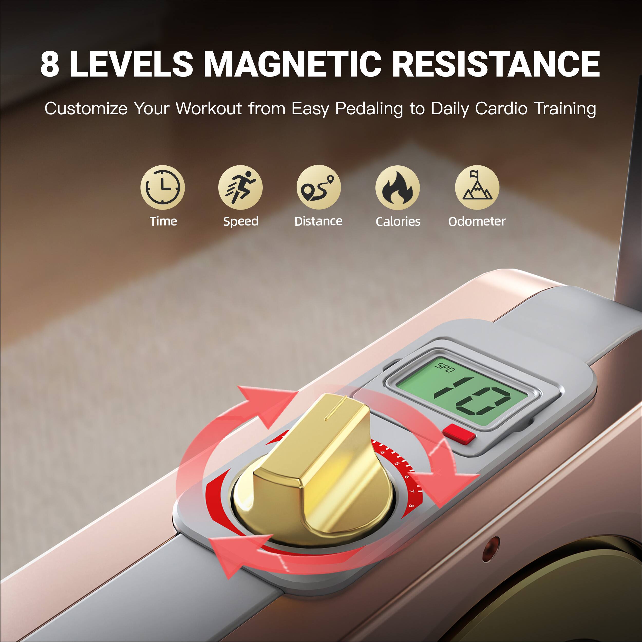 8 LEVELS MAGNETIC RESISTANCE  
Customize Your Workout from Easy Pedaling to Daily Cardio Training  
Time  
Speed  
Distance  
Calories  
Odometer  
SPD  
4  
5  
6  
7