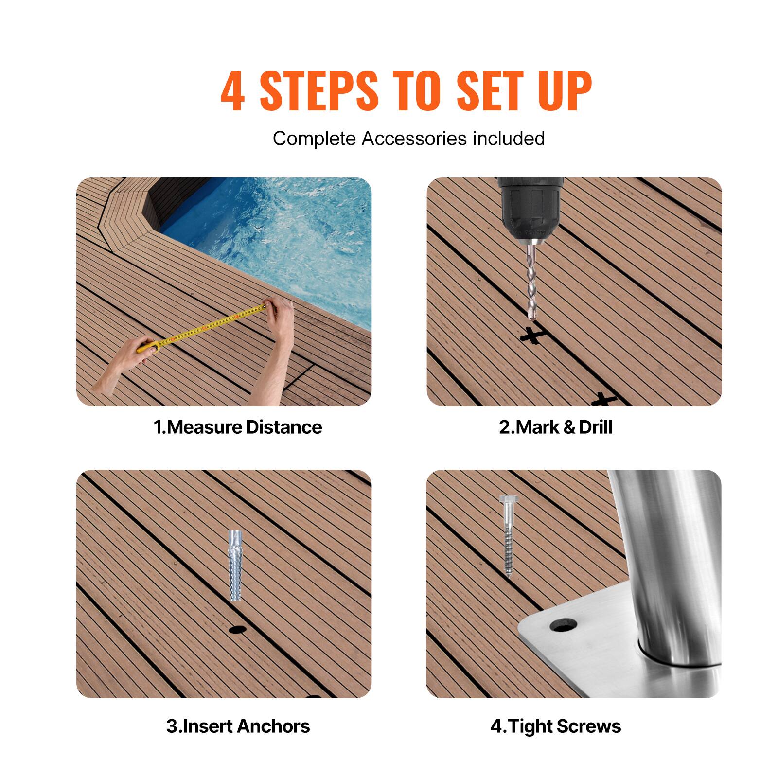 4 STEPS TO SET UP  
Complete Accessories included  

1. Measure Distance  
2. Mark & Drill  
3. Insert Anchors  
4. Tighten Screws