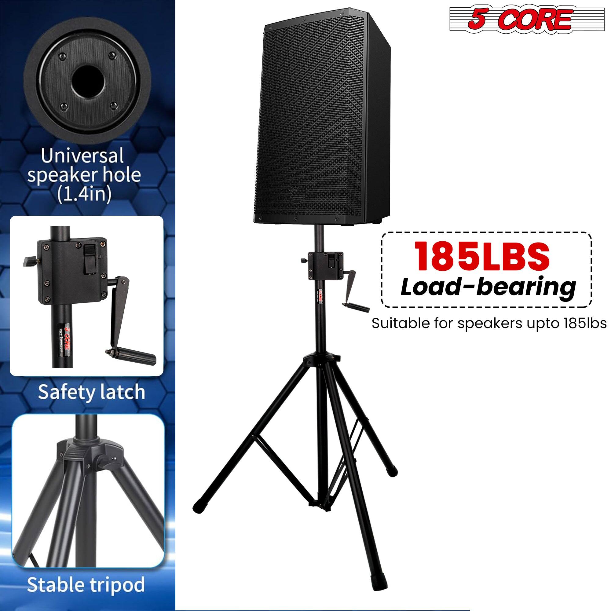 5 CORE Universal speaker hole (1.4in)  
185LBS Load-bearing  
Suitable for speakers up to 185lbs  
Safety latch  
Stable tripod