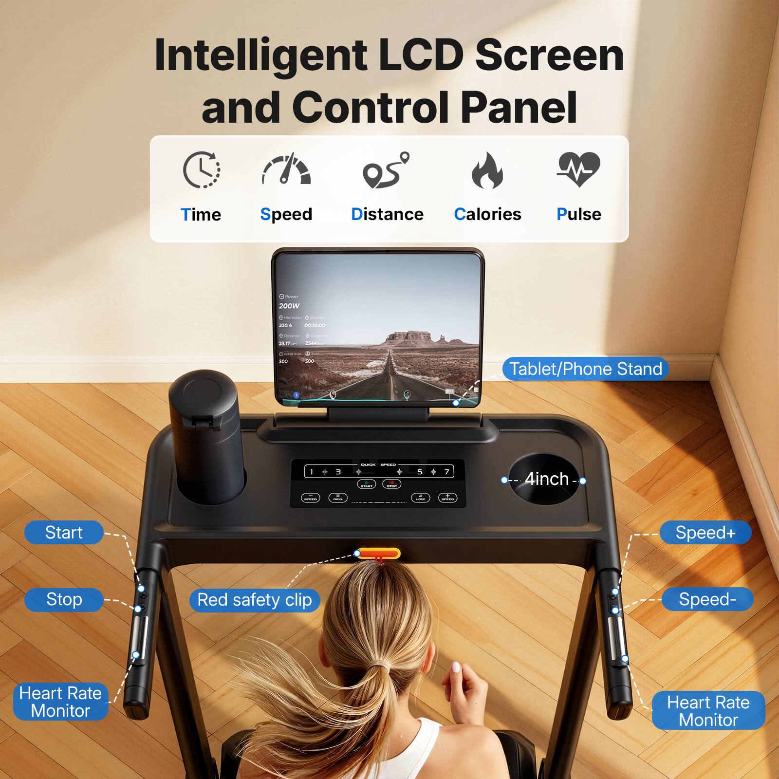 Intelligent LCD Screen and Control Panel

- Time
- Speed
- Distance
- Calories
- Pulse

9 Queet 200W
vin/Volan Olivein 300 g 00:34:00
D 0 Geanher 25.17 1544ml
100

Tablet/Phone Stand

1 3

GLACK - WINKS -

4inch

Start
Speed+
Stop
Red safety clip
Speed-
Heart Rate Monitor
Heart Rate Monitor