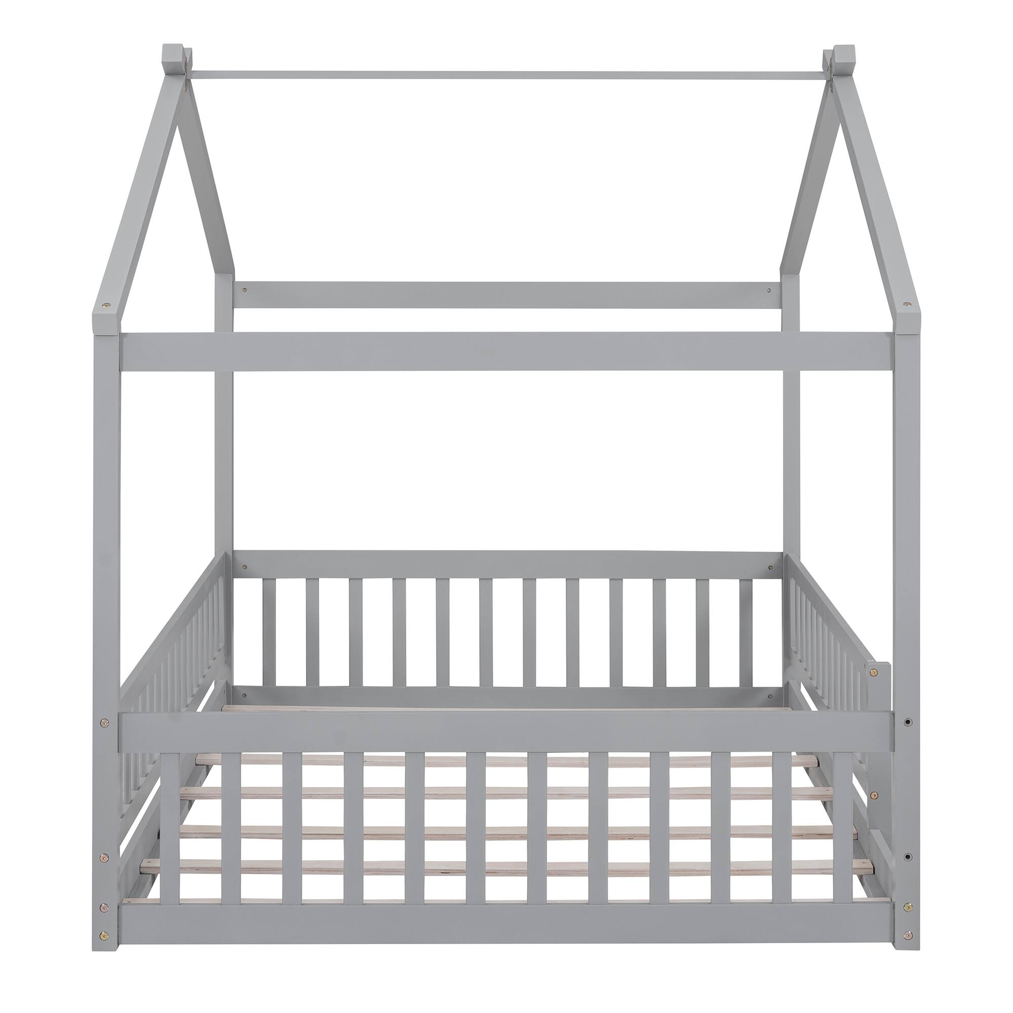 Left. Whisen - Full Size House Bed Frame with Fence, Solid Pine Wood Cabin-Style Platform Bed for Kids & Teens - Gray.