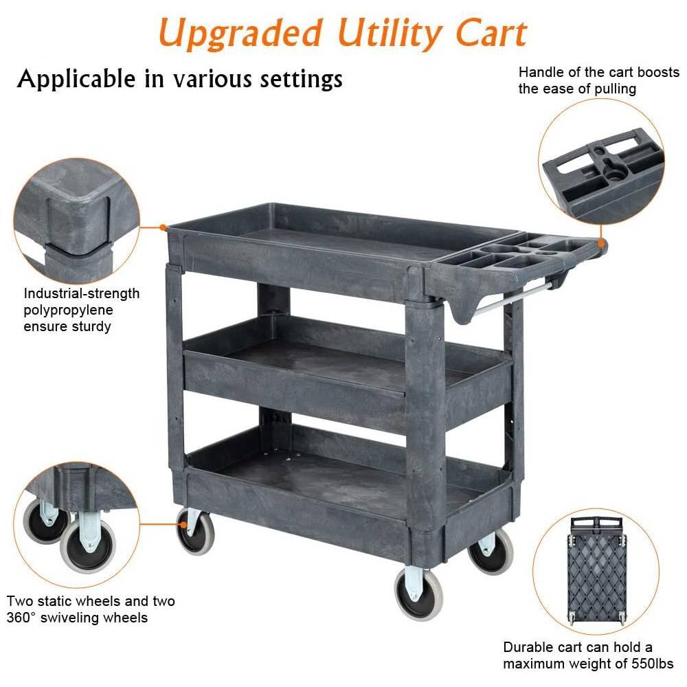 Upgraded Utility Cart

Applicable in various settings

Handle of the cart boosts the ease of pulling

Industrial-strength polypropylene ensures sturdy

Two static wheels and two 360° swiveling wheels

Durable cart can hold a maximum weight of 550lbs