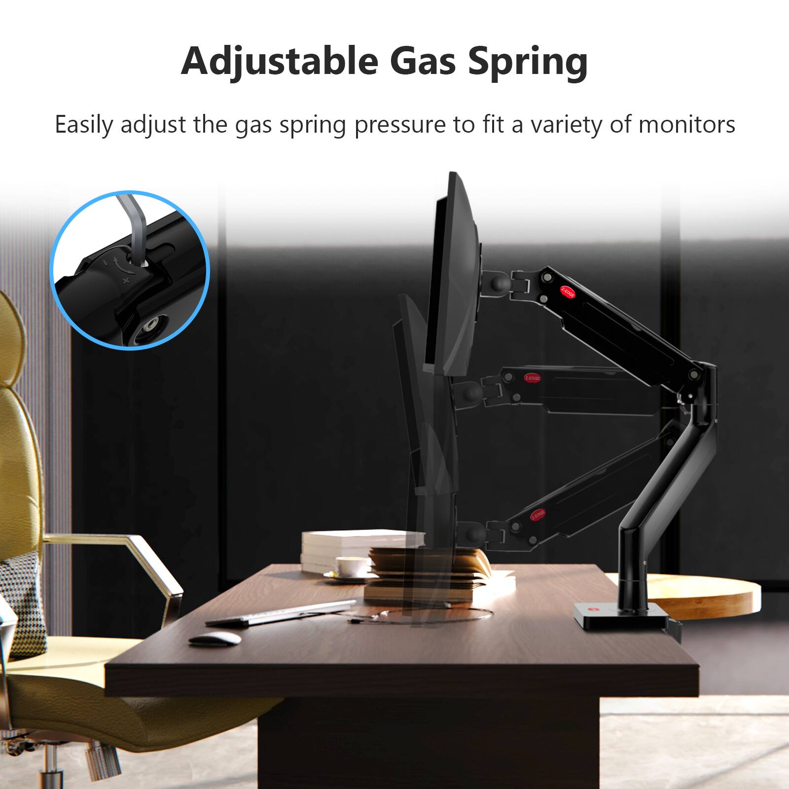 Adjustable Gas Spring, Easily adjust the gas spring pressure to fit a variety of monitors, Tan Fa 1