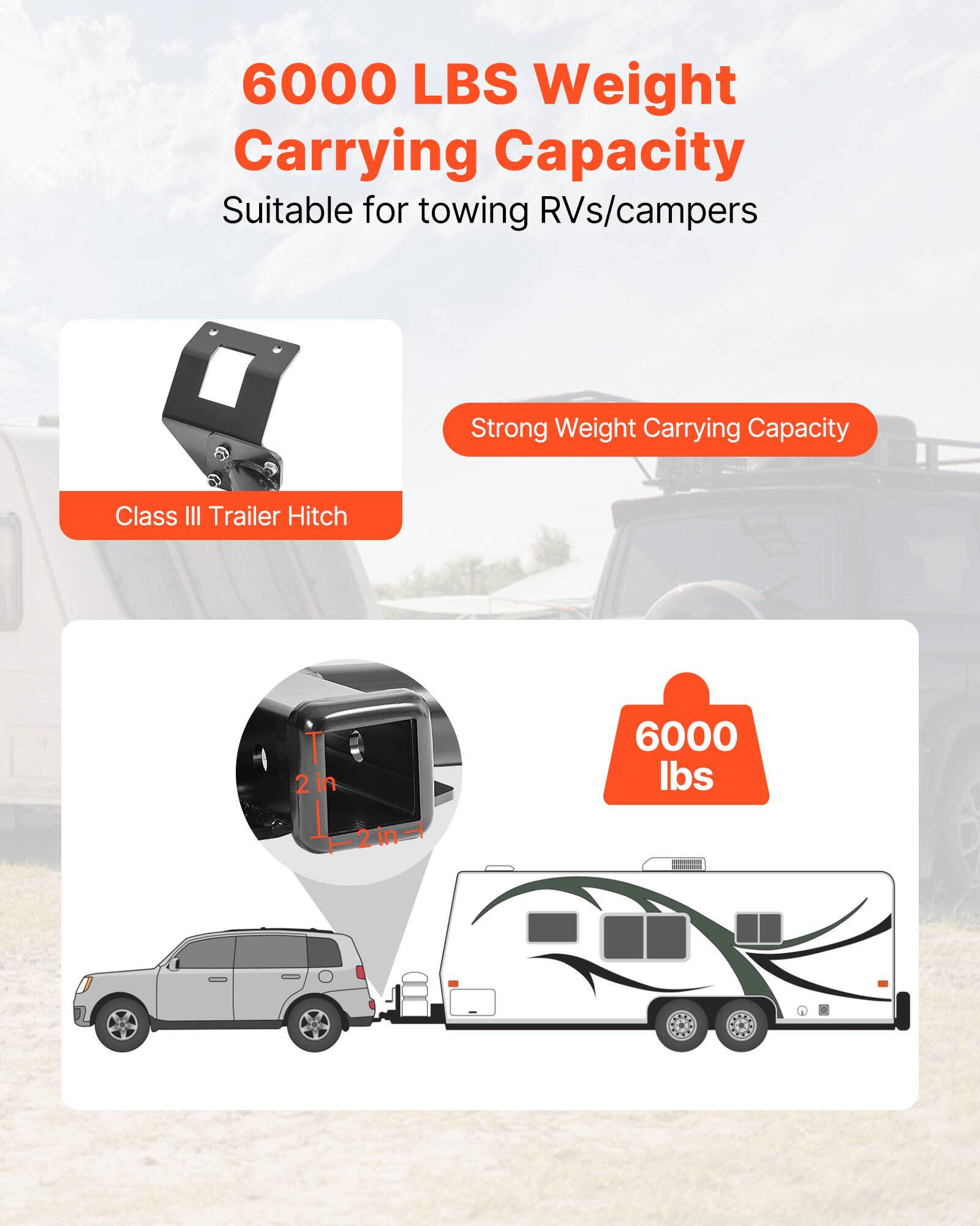 6000 LBS Weight Carrying Capacity  
Suitable for towing RVs/campers  

Class III Trailer Hitch  

Strong Weight Carrying Capacity  

6000 lbs  

2 in  
12 in