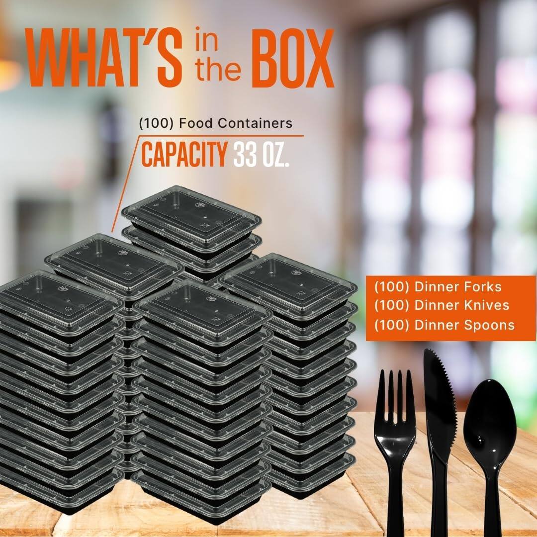 WHAT'S in the BOX

(100) Food Containers  
CAPACITY 33 OZ.

(100) Dinner Forks  
(100) Dinner Knives  
(100) Dinner Spoons