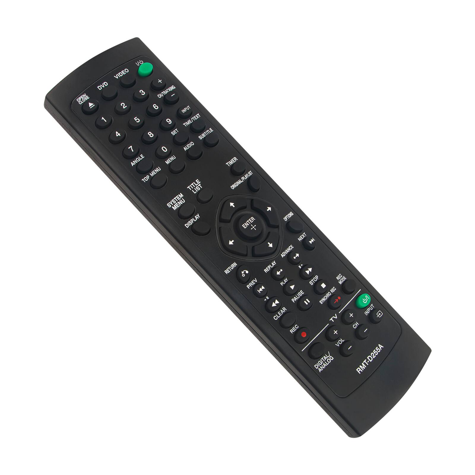 Vo VIDEO + DVD 8.86% 3 OUT/CHANGING 2 6 INPUT 1 5 9 TIME/TEXT 4 8 SET SUBTITLE 7 0 AUDIO ANGLE MENU TOP TITLE LIST MENU DISPLAY TIMER ORIGINAL/PLAIT ORIGINAL OPTIONS ENTER NEXT ADVANCE RETURN REPLAY A +. > STOP 1 MODE PREV PLAY [44 7 PAUSE = TYMHRO CLEAR + INPUT D TV REC CH + VOL I ANALOG RMT-D255A