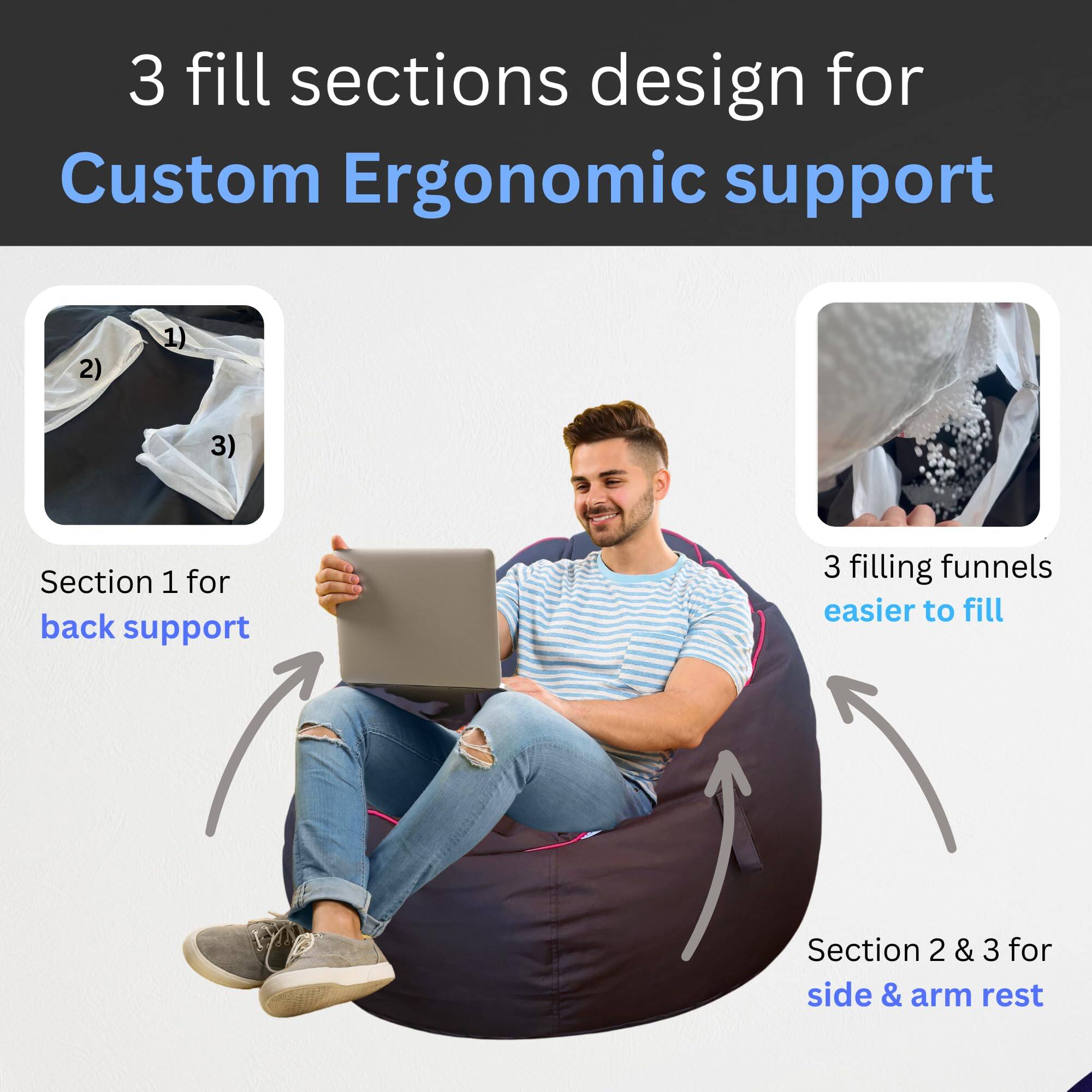 3 fill sections design for Custom Ergonomic support

Section 1 for back support

Section 2 & 3 for side & arm rest

3 filling funnels easier to fill