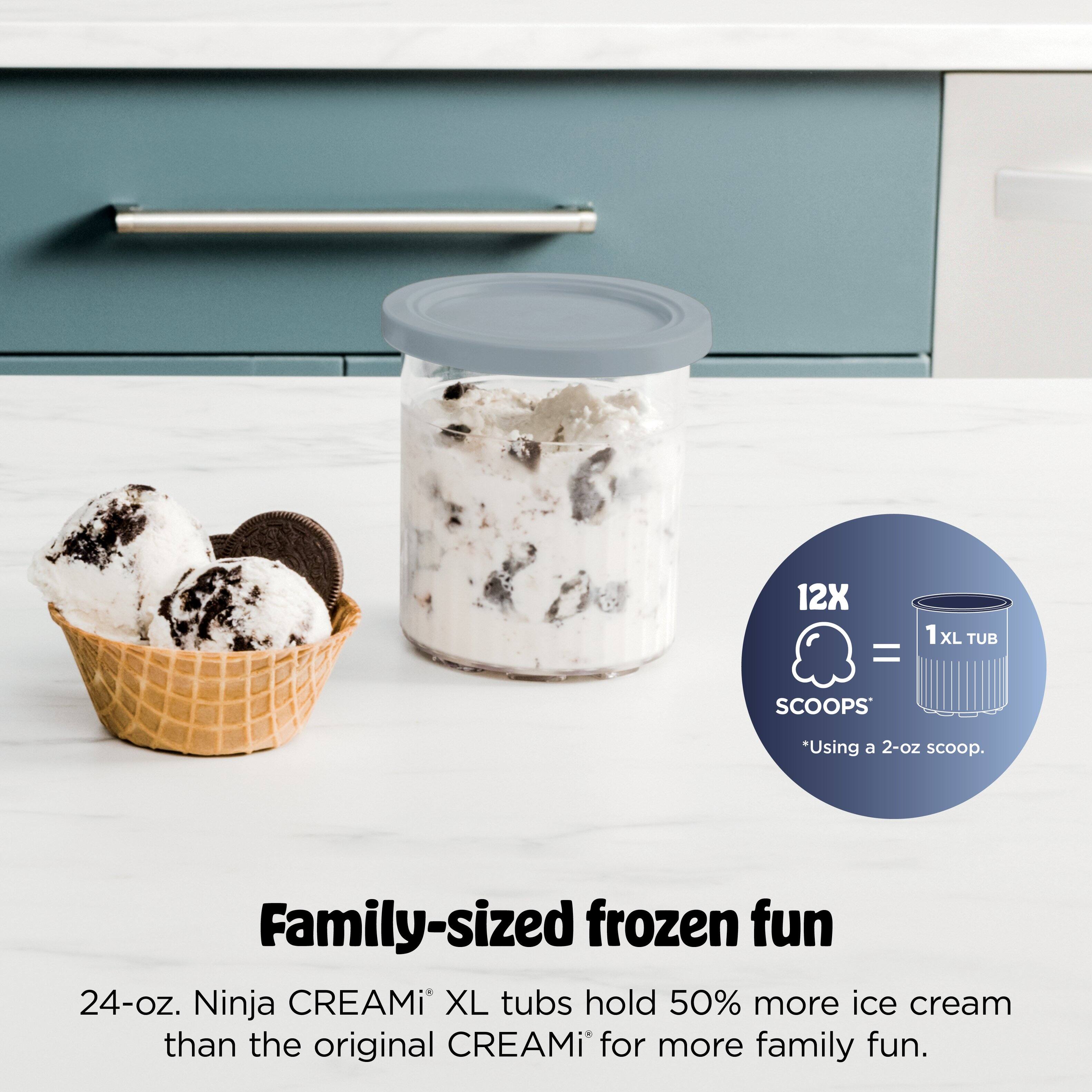 12X = 1 XL TUB SCOOPS *Using a 2-oz scoop.

Family-sized frozen fun
24-oz. Ninja CREAMi XL tubs hold 50% more ice cream than the original CREAMi for more family fun.