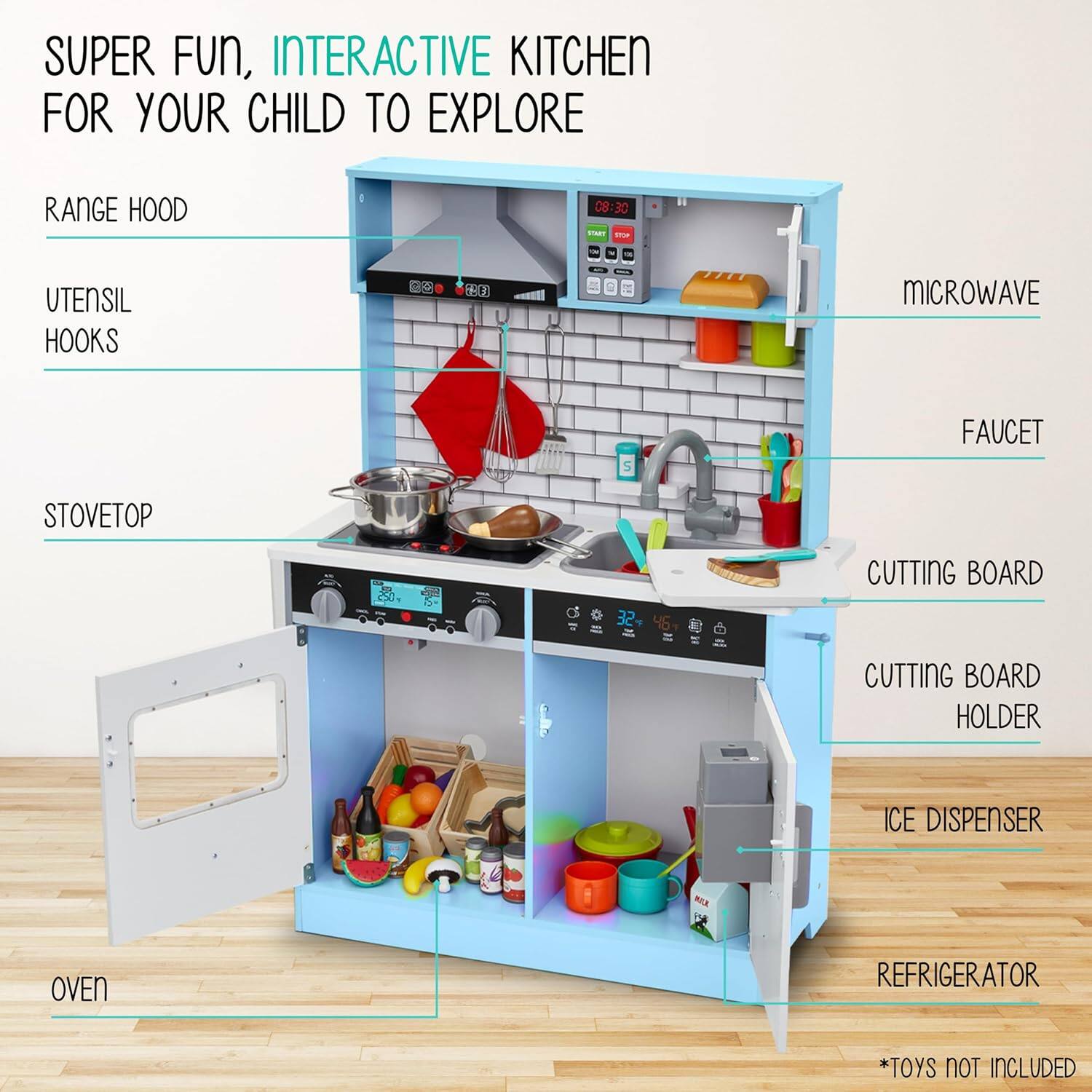 SUPER FUN, INTERACTIVE KITCHEN FOR YOUR CHILD TO EXPLORE RANGE HOOD UTENSIL HOOKS MICROWAVE FAUCET STOVETOP CUTTING BOARD CUTTING BOARD HOLDER ICE DISPENSER OVEN REFRIGERATOR *TOYS NOT INCLUDED