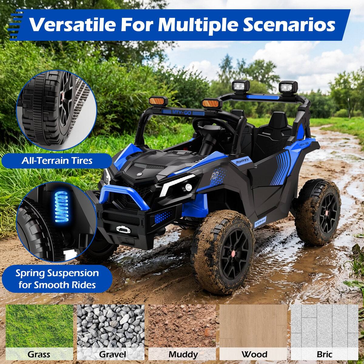 Versatile For Multiple Scenarios

MTV-GO 0 All-Terrain Tires

RD

Spring Suspension for Smooth Rides

Grass Gravel Muddy Wood Bric
