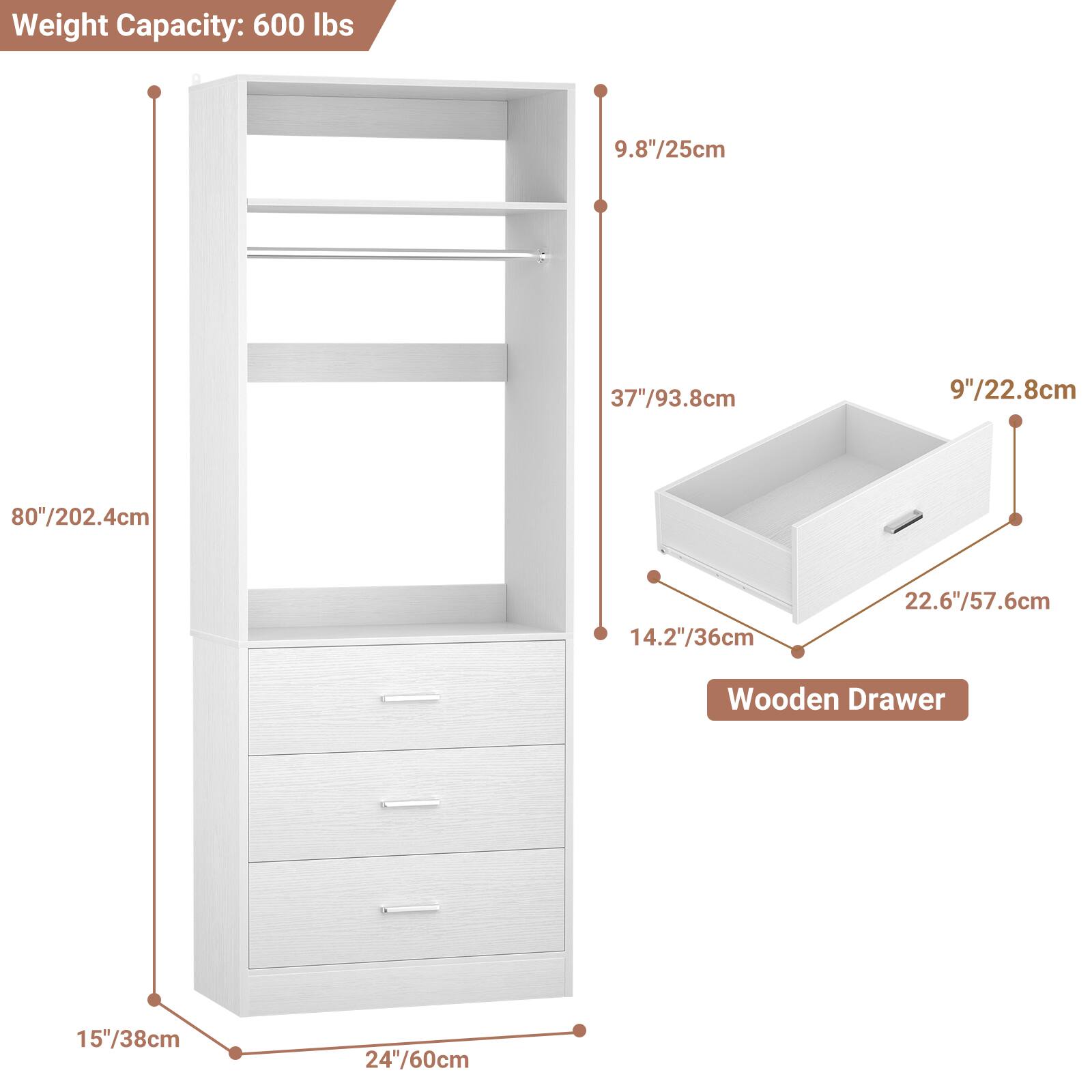 Weight Capacity: 600 lbs

- 9.8"/25cm
- 37"/93.8cm
- 9"/22.8cm
- 80"/202.4cm
- 14.2"/36cm
- 22.6"/57.6cm
- Wooden Drawer
- 15"/38cm
- 24"/60cm