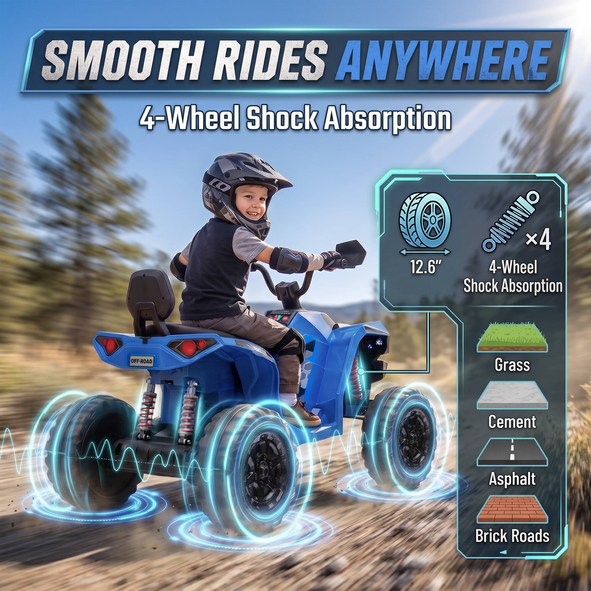 SMOOTH RIDES ANYWHERE  
4-Wheel Shock Absorption  
12.6"  
4-Wheel x4 Shock Absorption  
OFF-ROAD  
Grass  
Cement  
Asphalt  
Brick Roads