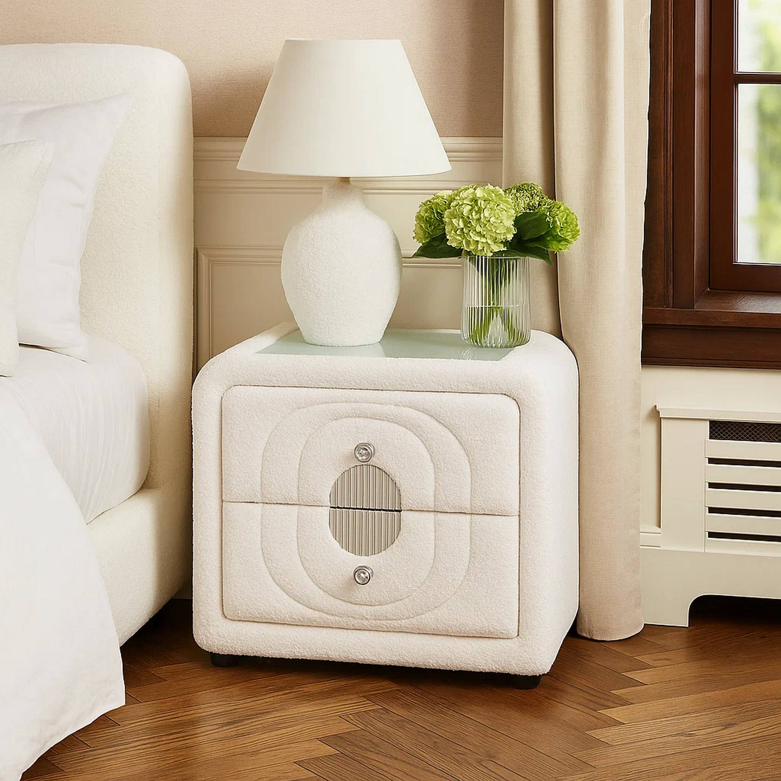 Alt View 3. Manhattan Lane - Kery Glass Top Nightstand, 2 Drawers, Teddy Sherpa Upholstery - White, Chrome, Black.