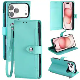 Dteck - Wallet Case for Apple iPhone 17 Pro Crossbody Premium Leather Kickstand Zipper Card Slot Cover With Strap+Lanyard - Mint