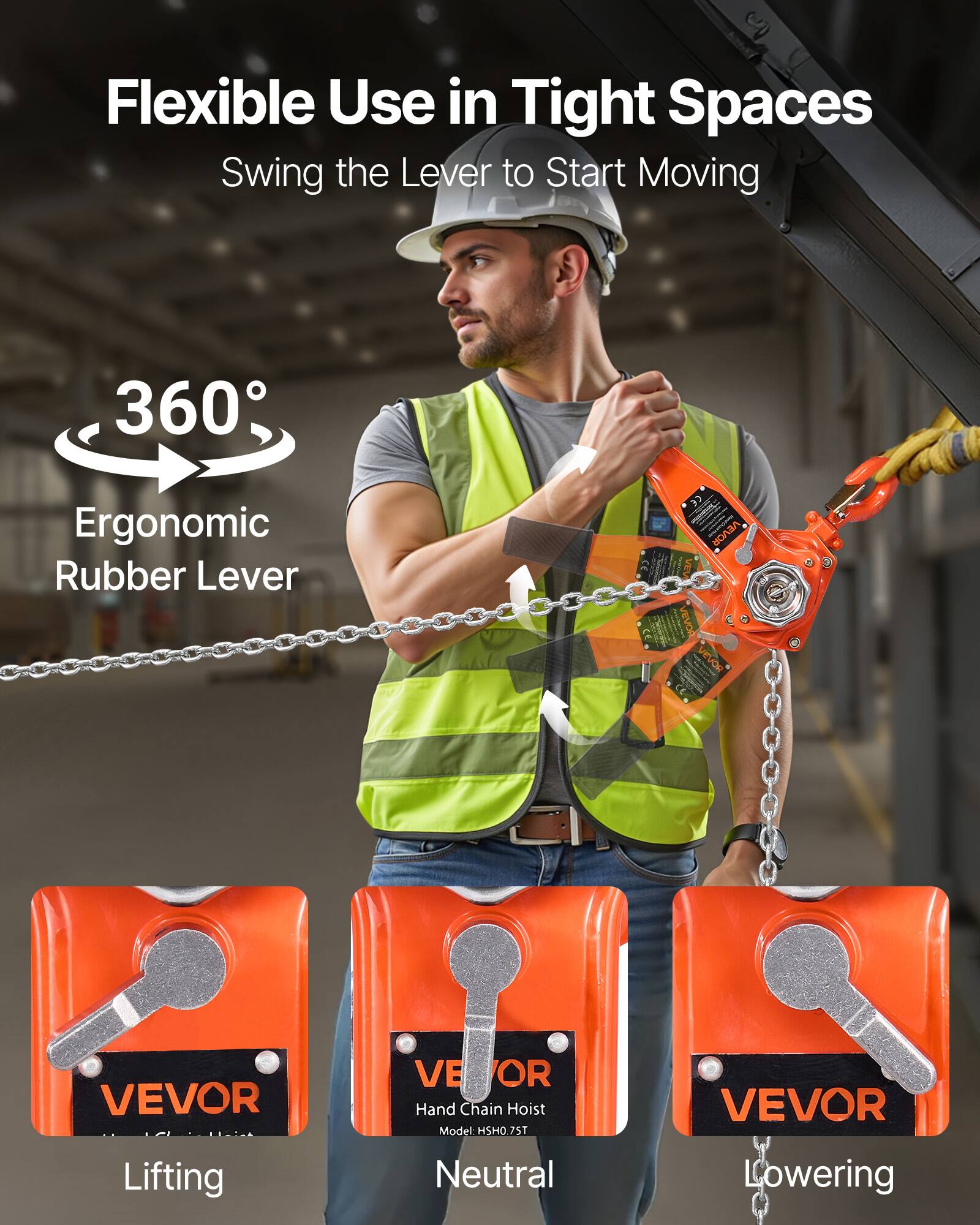 Flexible Use in Tight Spaces  
Swing the Lever to Start Moving  

360° Ergonomic Rubber Lever  

VEVOR  
Hand Chain Hoist  
Model: HSH0.75T  

Lifting  
Neutral  
Lowering