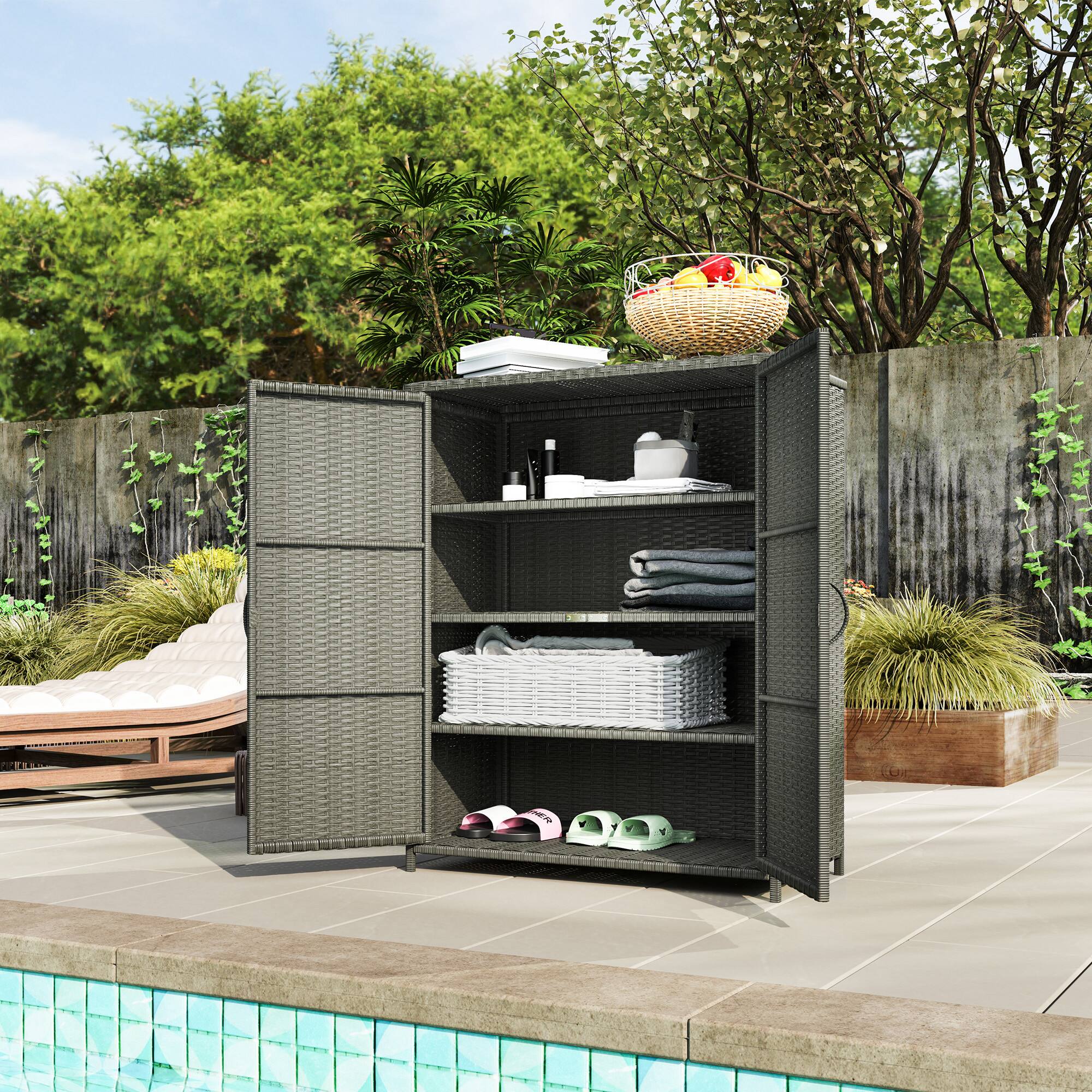 Alt View 8. Outsunny - Wicker Outdoor Storage Cabinet with Shelves, 4-Shelf Outdoor Pool Towel Cabinet with Two Doors - Dark Gray.
