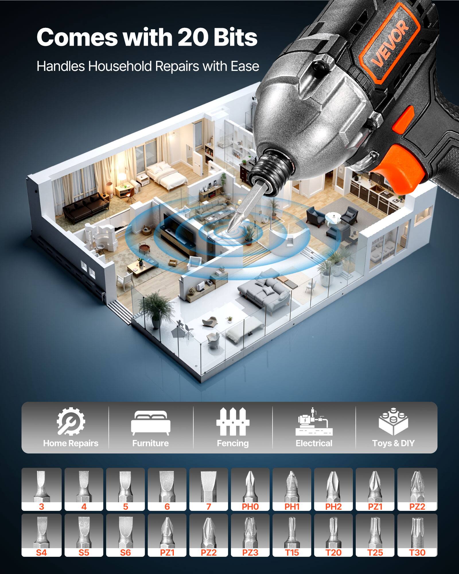 Comes with 20 Bits  
Handles Household Repairs with Ease  

VEVOR P Home Repairs Furniture Fencing Electrical Toys & DIY  

3 4 5 6 7 PH0 PH1 PH2 PZ1 PZ2 S4 S5 S6 PZ1 PZ2 PZ3 T15 T20 T25 T30