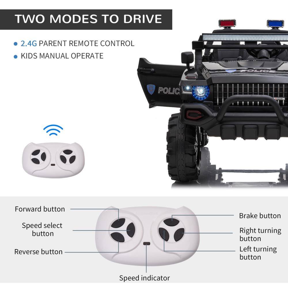TWO MODES TO DRIVE

- 2.4G PARENT REMOTE CONTROL
- KIDS MANUAL OPERATE

Forward button
Speed select button
Reverse button
Brake button
Right turning button
Left turning button
Speed indicator