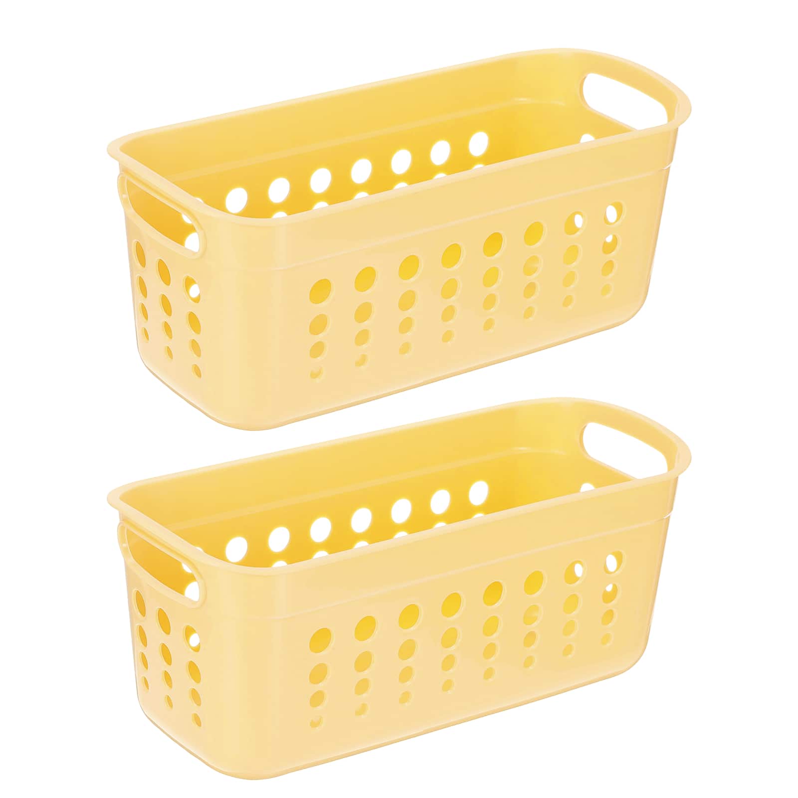 Unique Bargains - 2pcs Pantry Plastic Storage Baskets, 11.42x5.24x4.92", Stackable Organizer with Handle, for Shelves Bathroomss Closet - Yellow