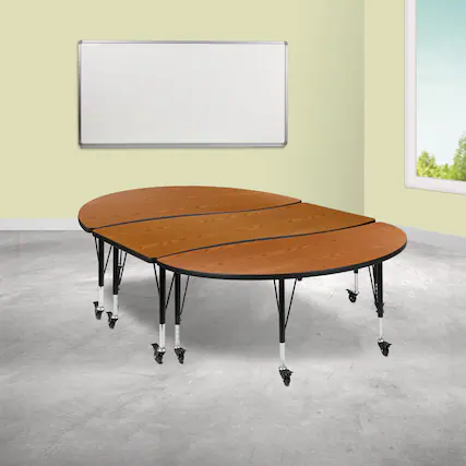 Front. Emma + Oliver - 3PC Mobile 86" Oval Wave Collaborative Grey Kids Adjustable Activity Table Set - Oak.