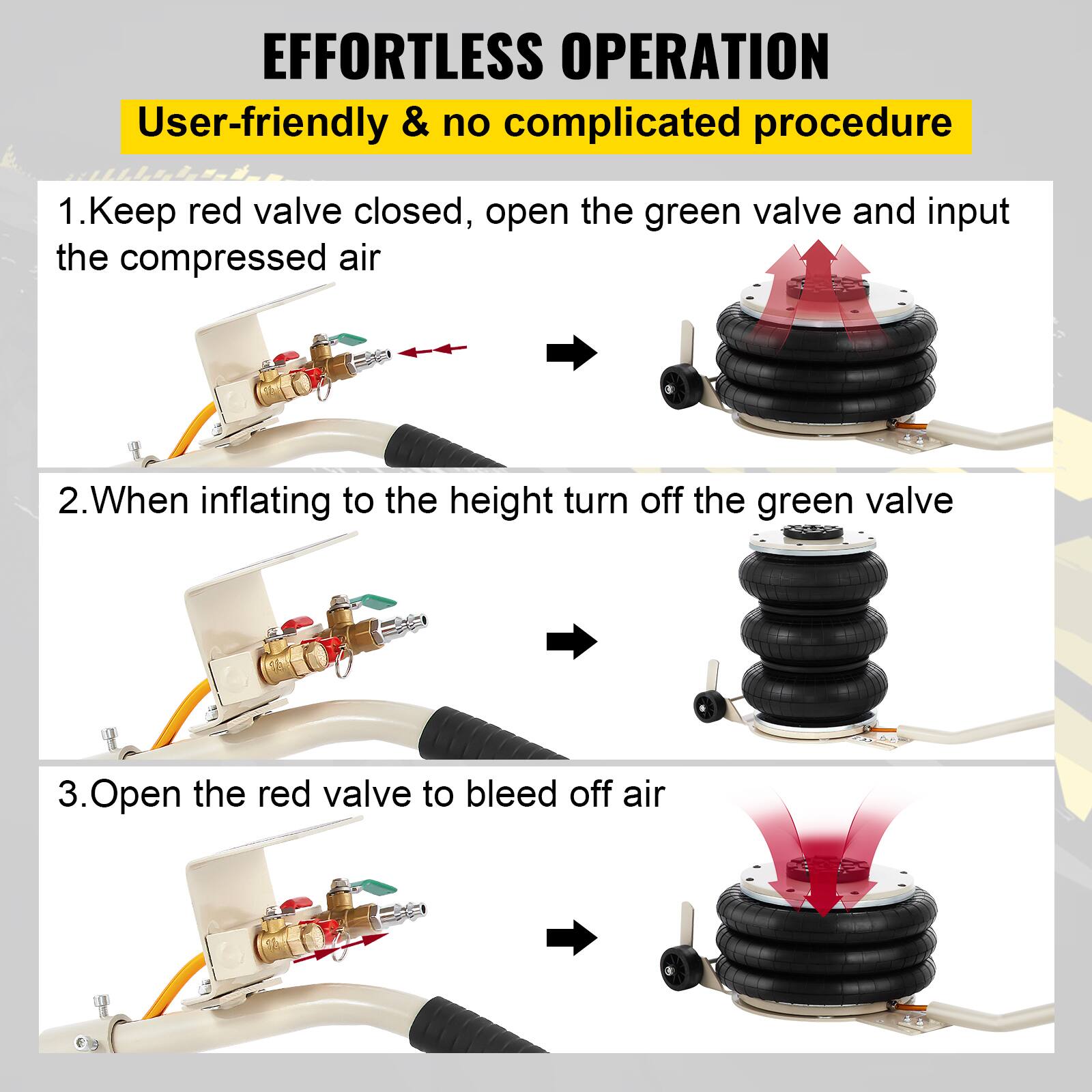 EFFORTLESS OPERATION  
User-friendly & no complicated procedure

1. Keep red valve closed, open the green valve and input the compressed air
2. When inflating to the height turn off the green valve
3. Open the red valve to bleed off air