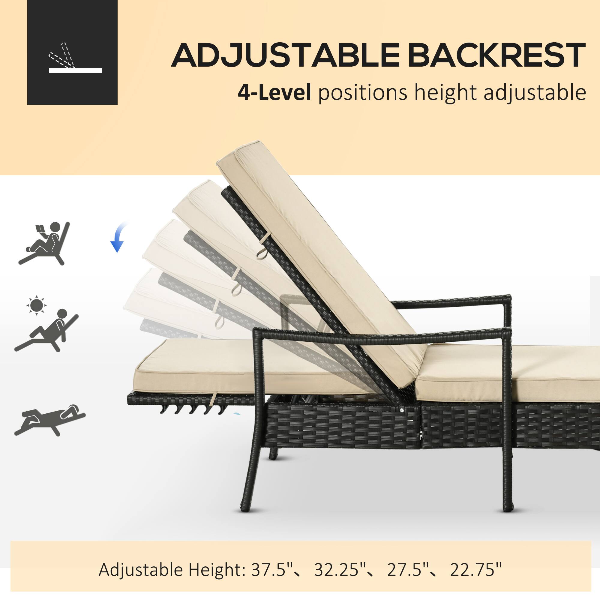 ADJUSTABLE BACKREST  
4-Level positions height adjustable  

Adjustable Height: 37.5", 32.25", 27.5", 22.75"