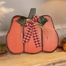 Northlight - Wooden Pumpkin with Gingham Bow Fall Harvest Decoration - 15.25" - Orange