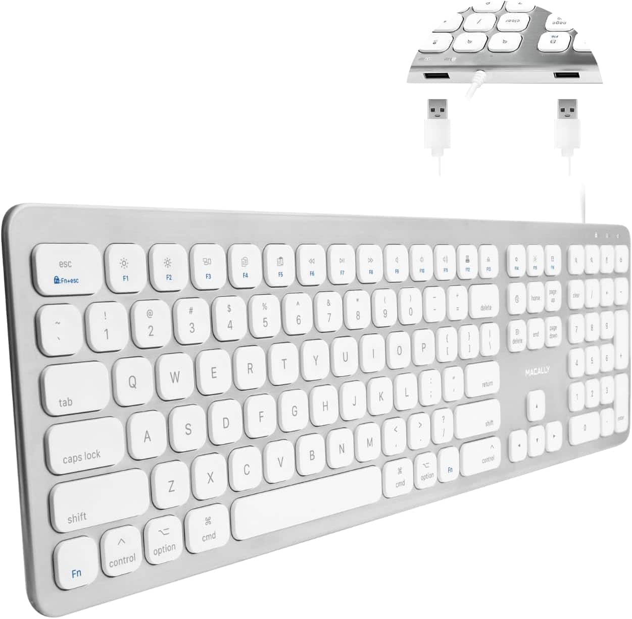 Macally - Wired Keyboard for Mac with USB Ports for Mouse - Compatible Apple Keyboard for MacBook Pro/Air, iMac - Aluminum - Silver Brushed Aluminum