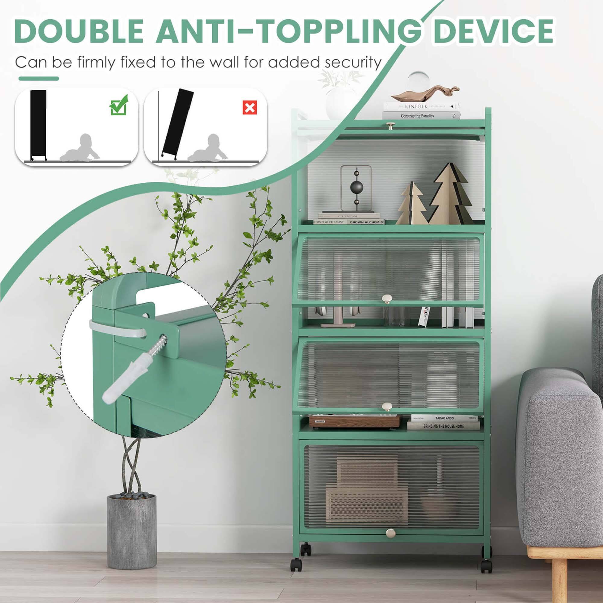 The text on the image reads "DOUBLE ANTI-TOPPLING DEVICE Can be firmly fixed to the wall for added security."