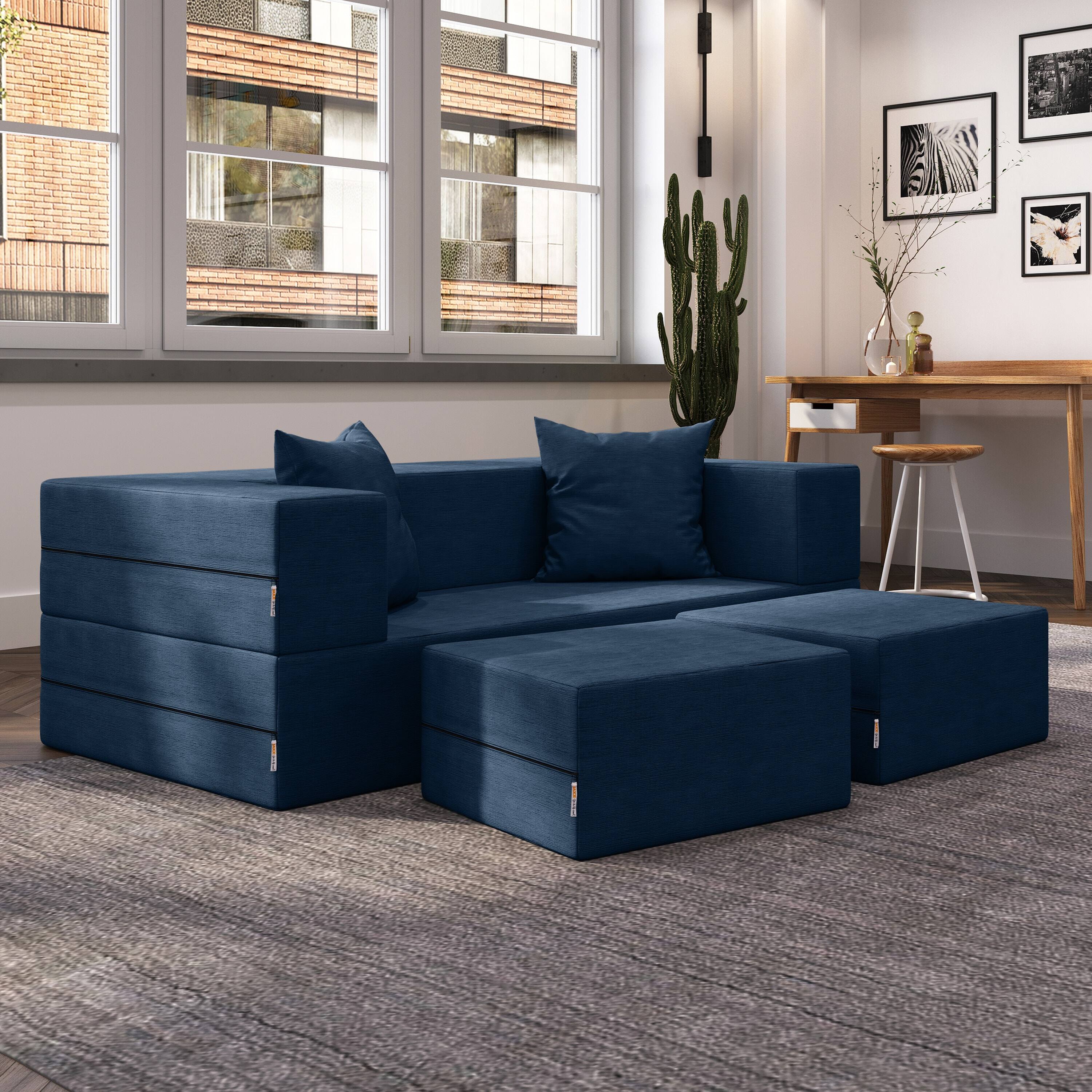 Left. Jaxx - Jaxx Zipline Convertible Sleeper Loveseat & Ottomans, Textured Microvelvet - Indigo - Indigo.